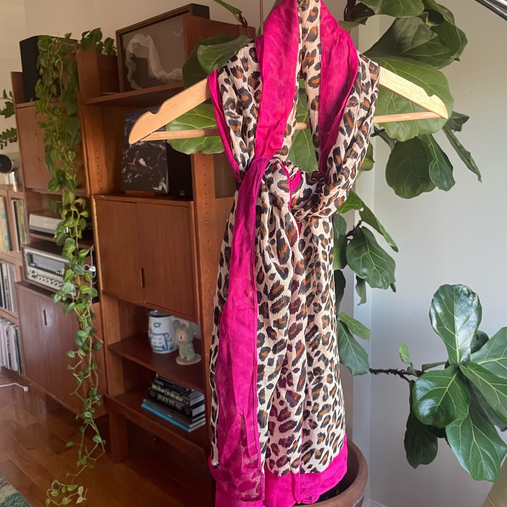 Leopard Print Scarf with Pink Border